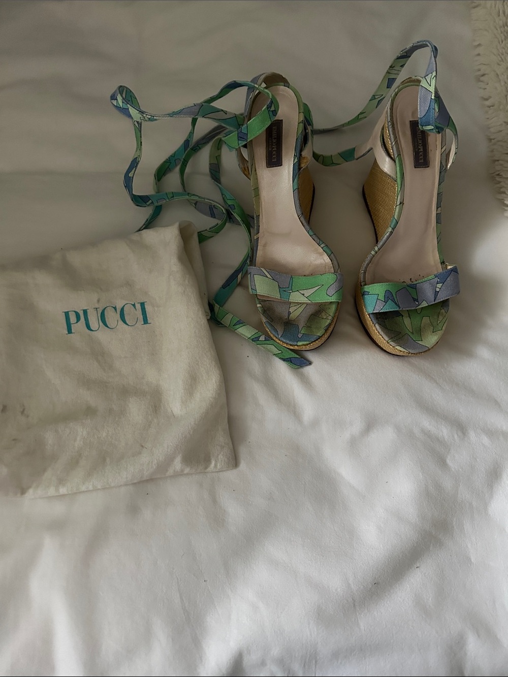 Emilio Pucci Green and Blue Lace-Up Espadrille Wedges